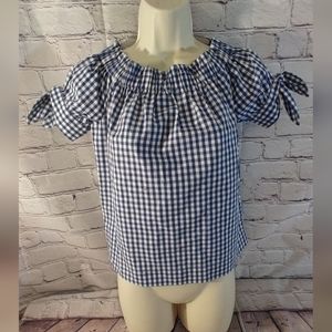 J Crew Gingam Plaid Blue Smocked Ruffle Neck Boatneck Blouse 00